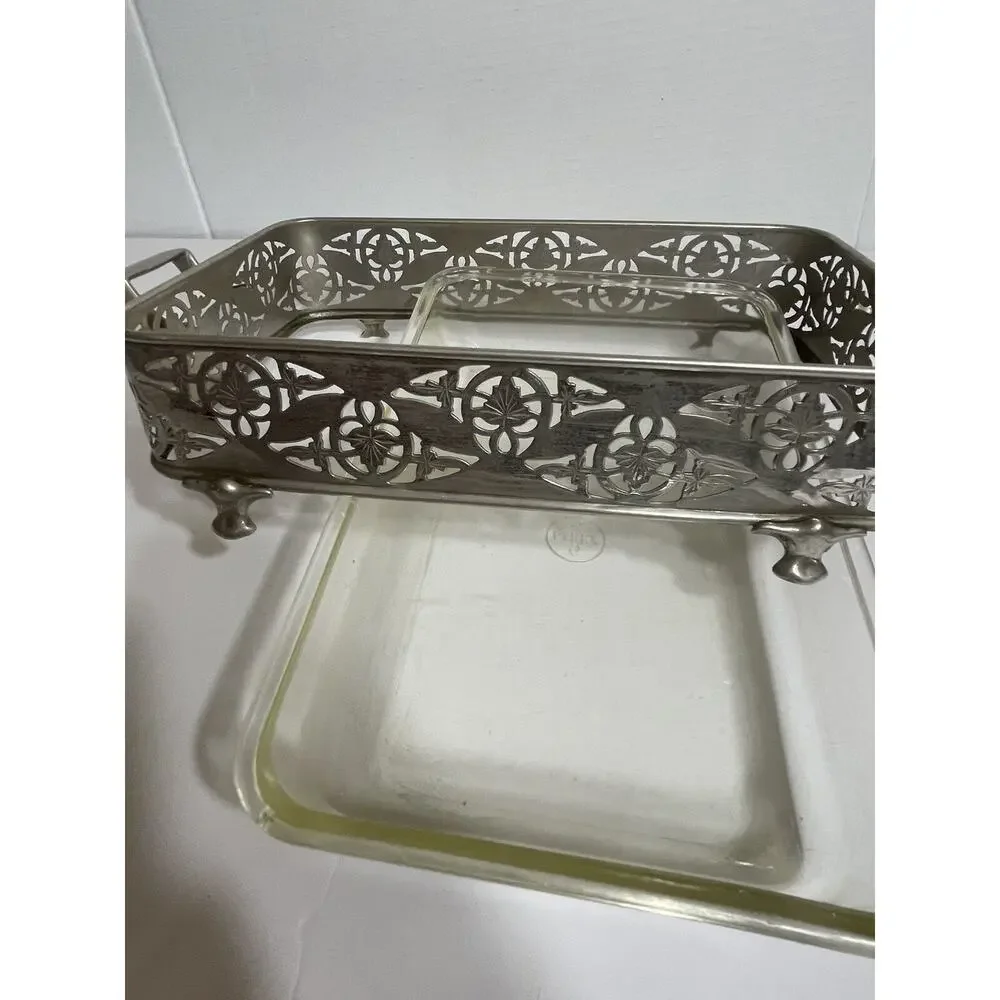 Vtg Footed Rectangular Serving Tray With‎ Pyrex Serving Dish